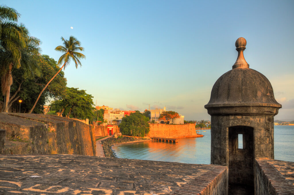 San Juan cityscape Beautiful summer afternoon at the outer wall with sentry box of fort San Felipe del Morro in old San Juan in Puerto Rico
